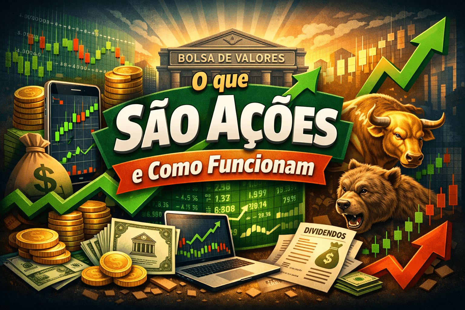 Ilustração explicando o que são ações e como funcionam na bolsa de valores, com gráficos de alta, bull e bear market