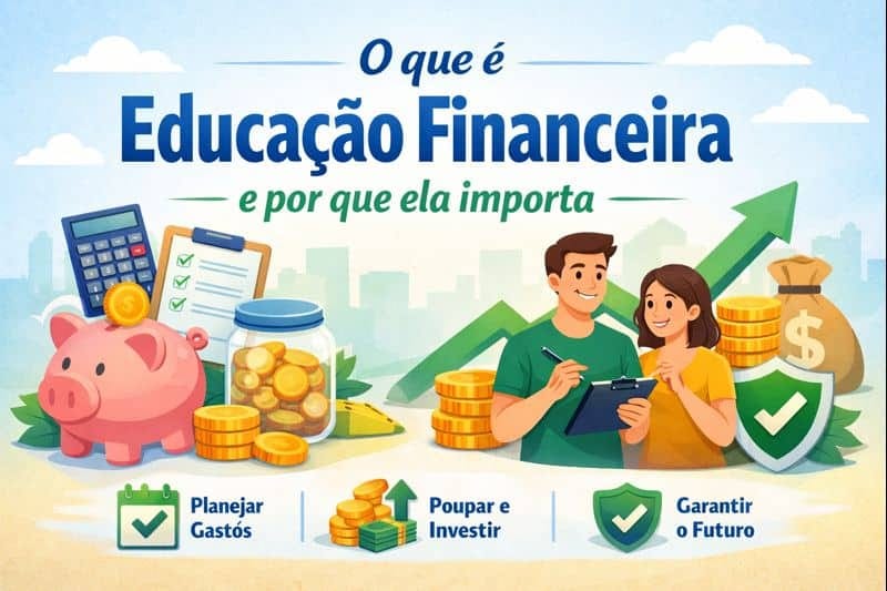 Ilustração sobre educação financeira mostrando planejamento de gastos, poupança e segurança financeira para o futuro