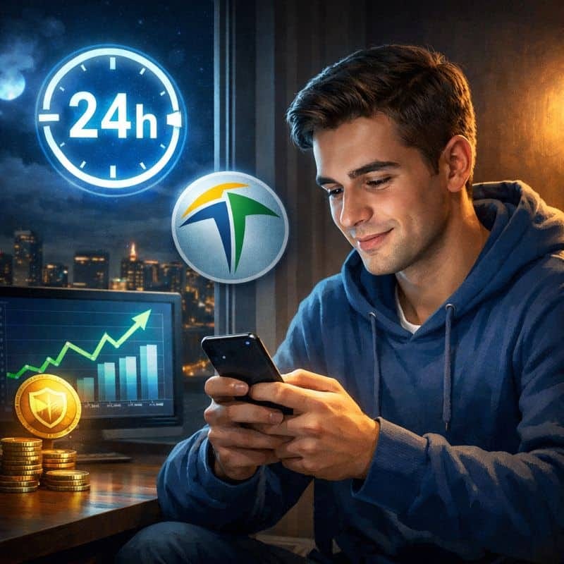 Investidor iniciante usando celular à noite para acompanhar Tesouro Reserva, com gráfico de crescimento e símbolo do Tesouro Nacional, transmitindo segurança e liquidez 24 horas.