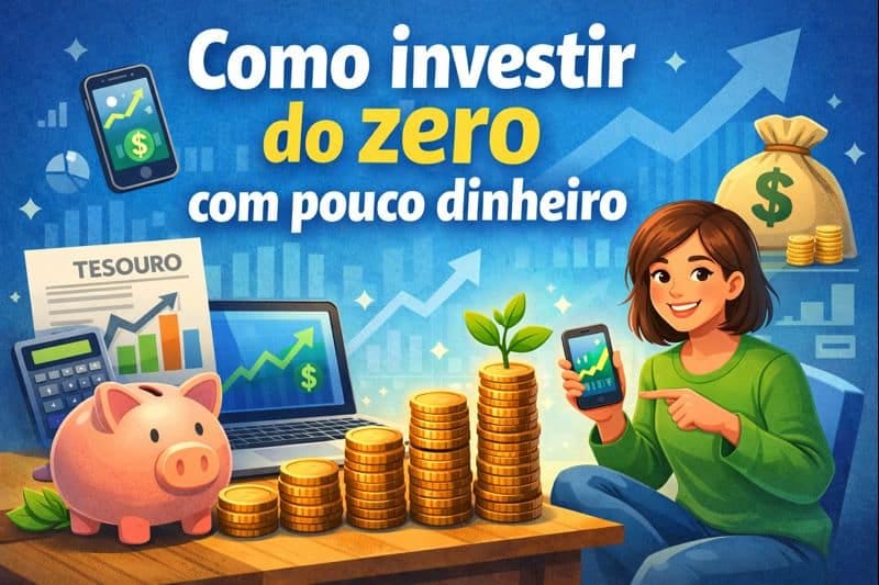 Ilustração de iniciante investindo com pouco dinheiro usando celular, com gráficos de crescimento, moedas, poupança e títulos do Tesouro