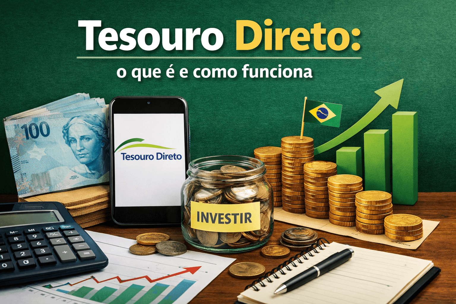 Tesouro Direto explicado para iniciantes com celular, moedas e gráfico de crescimento