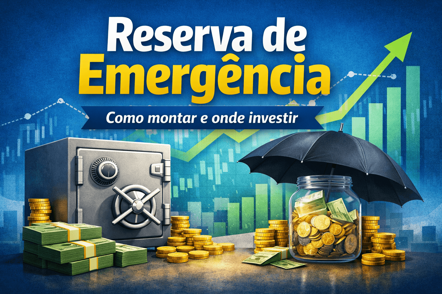 Reserva de emergência com dinheiro protegido, mostrando cofre, moedas e segurança financeira