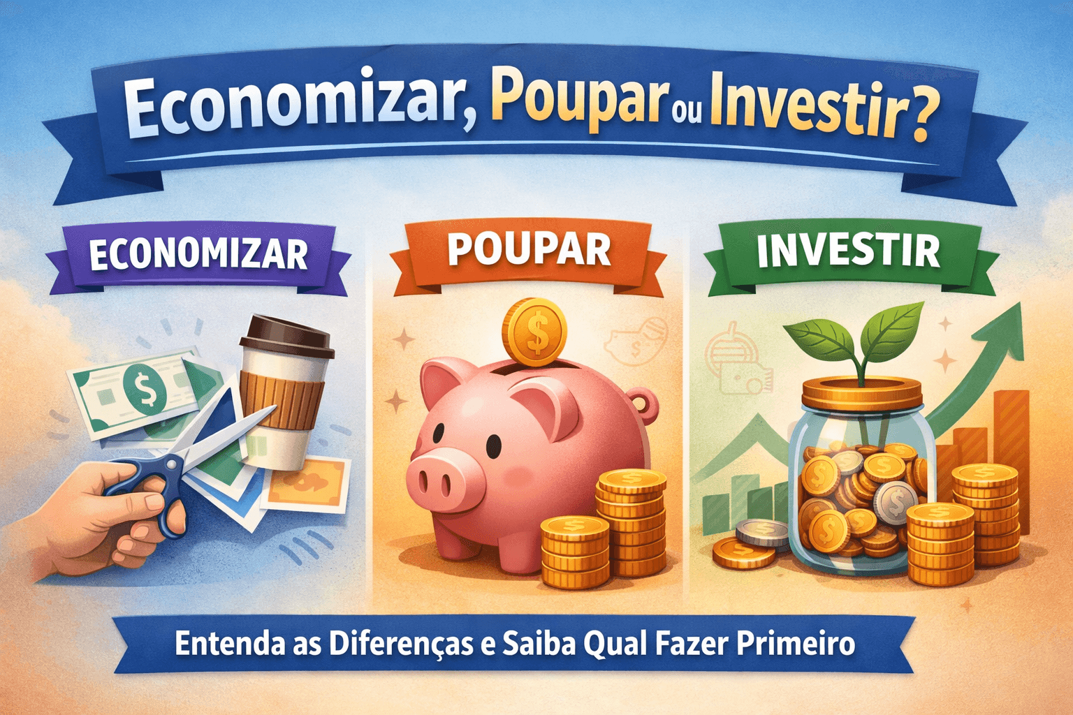 Economizar, poupar ou investir: ilustração mostrando as diferenças entre cortar gastos, guardar dinheiro e investir para crescer patrimônio