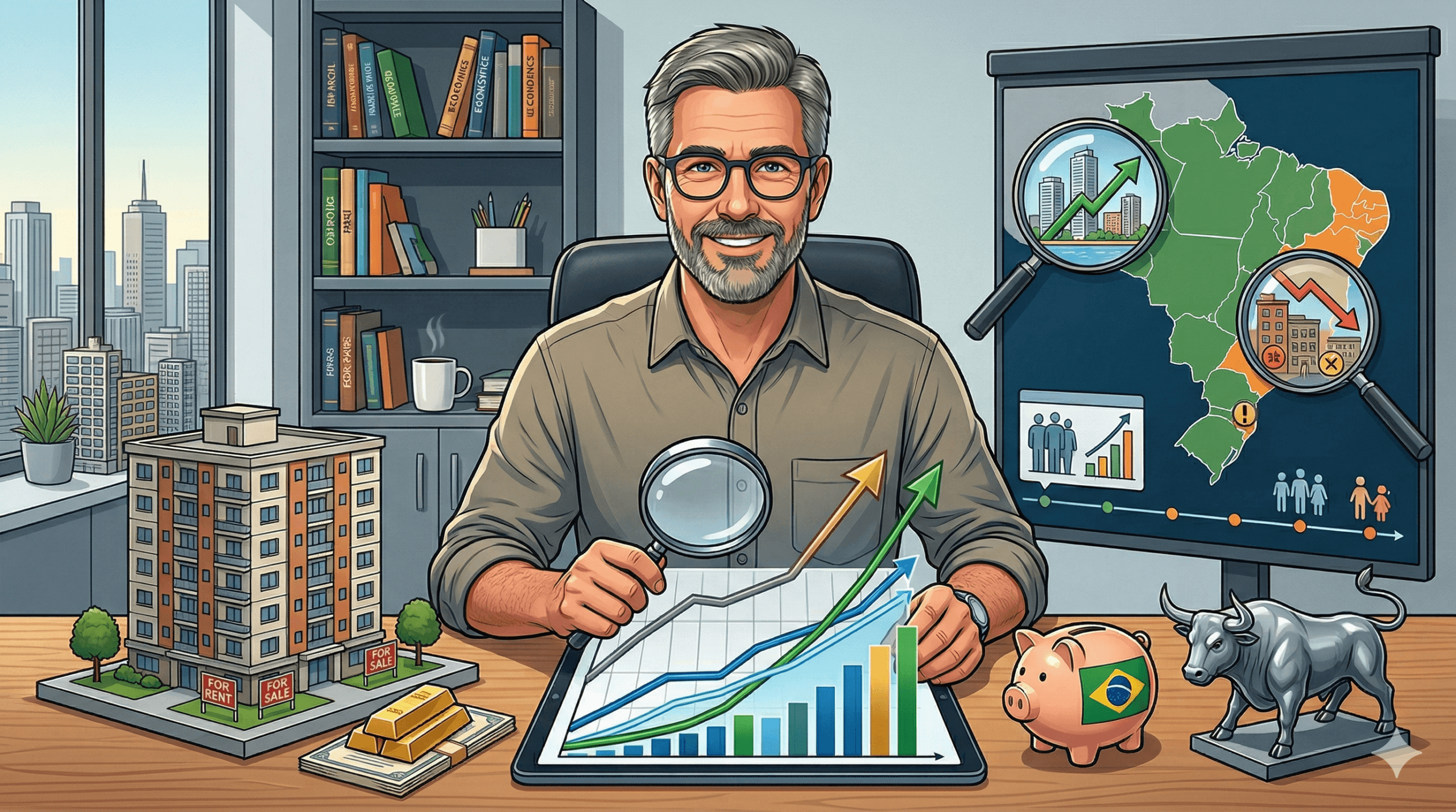 Ilustração de um especialista financeiro analisando gráficos de rentabilidade, mapa demográfico e miniaturas de prédios para descobrir se vale a pena comprar imóvel no Brasil.