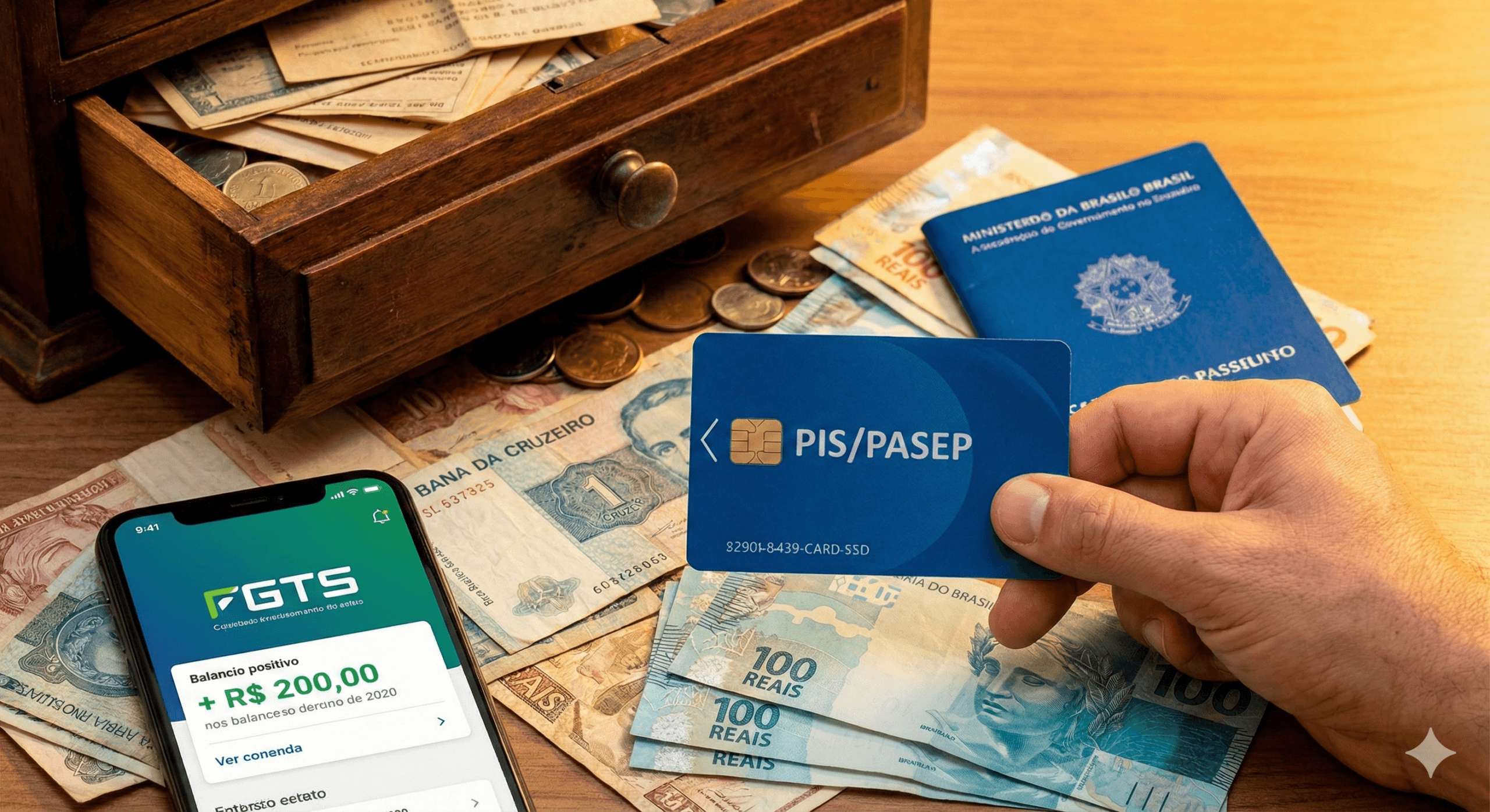 Mão segurando cartão PIS/PASEP e celular com aplicativo FGTS aberto mostrando saldo positivo, sobre um baú com notas antigas de cruzeiros e reais, ilustrando como consultar dinheiro esquecido PIS PASEP.