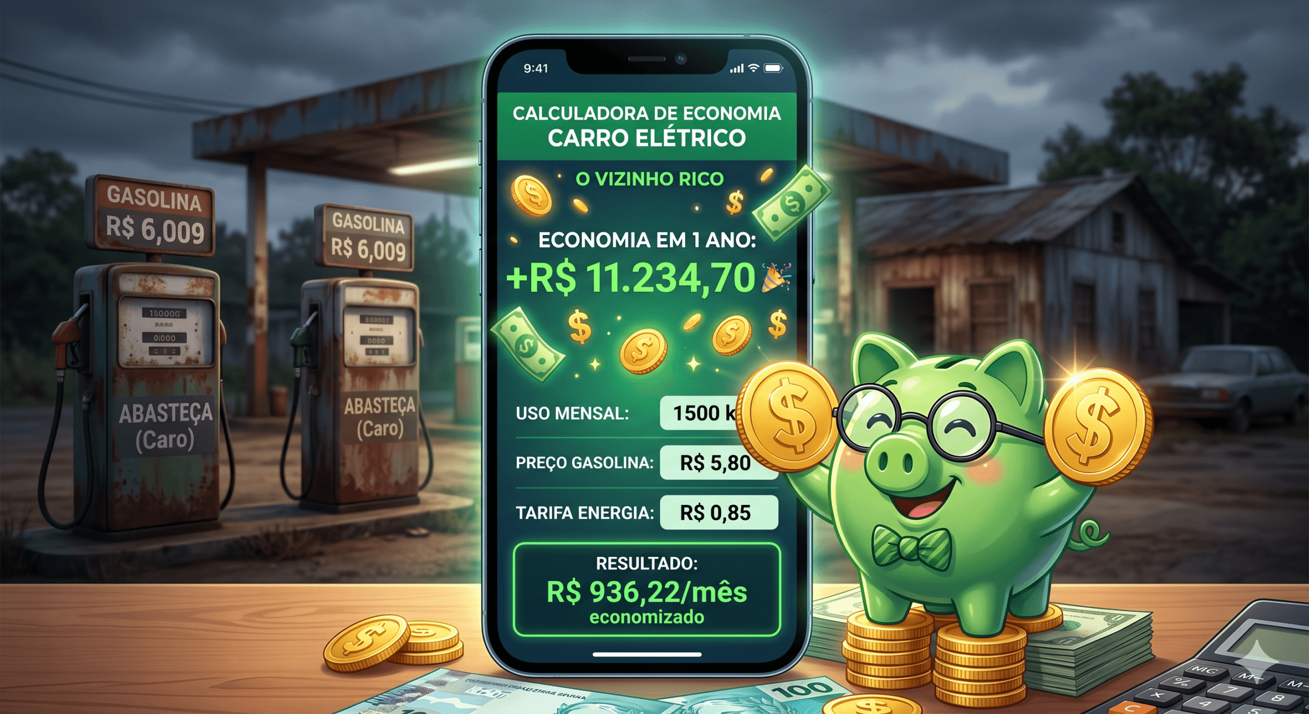 Porquinho-cofre segurando uma moeda ao lado de um celular exibindo a calculadora de economia para carros elétricos.
