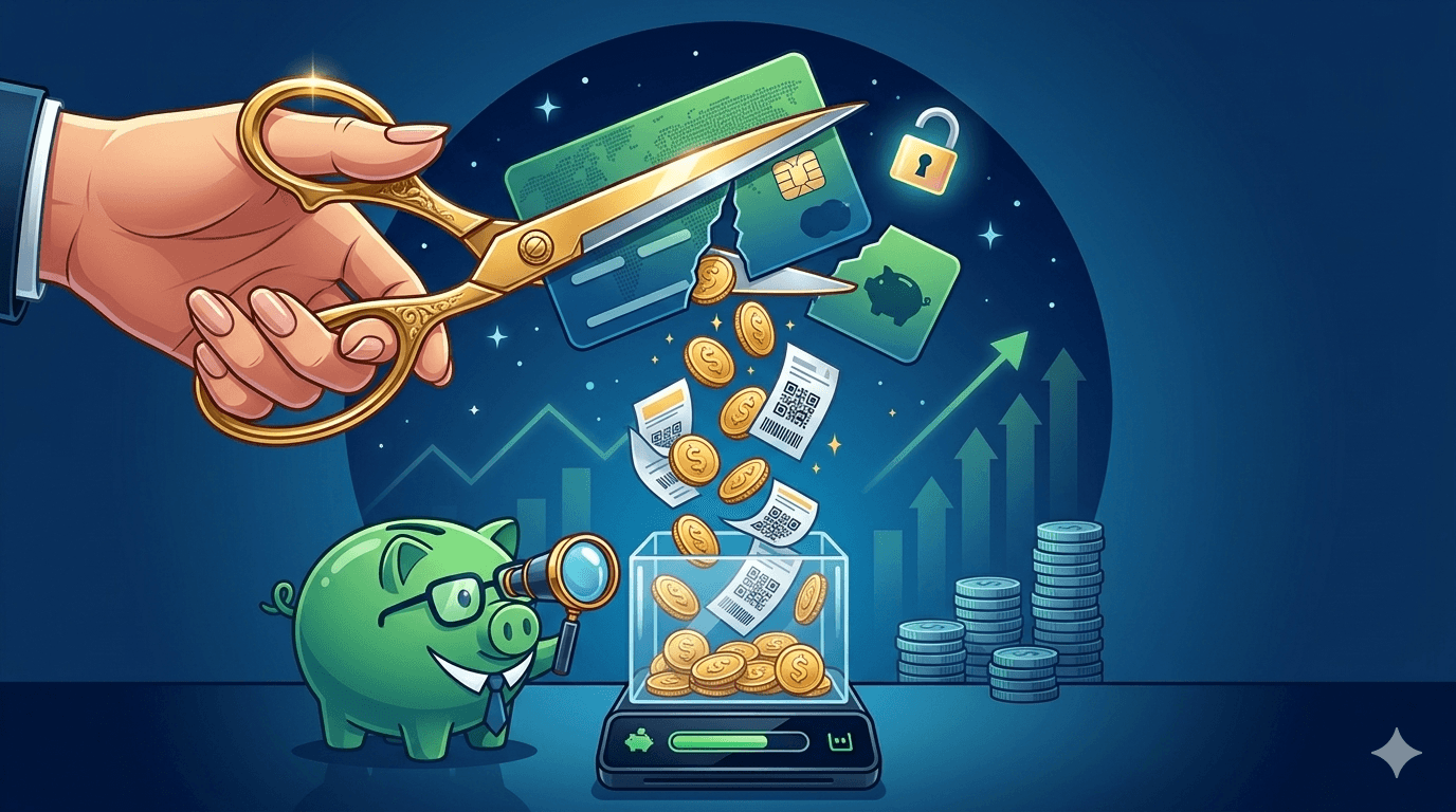 Ilustração de um porquinho cofre verde com óculos e gravata, observando moedas crescendo em um vaso, representando a inteligência ao cancelar cartão de crédito com parcelas.