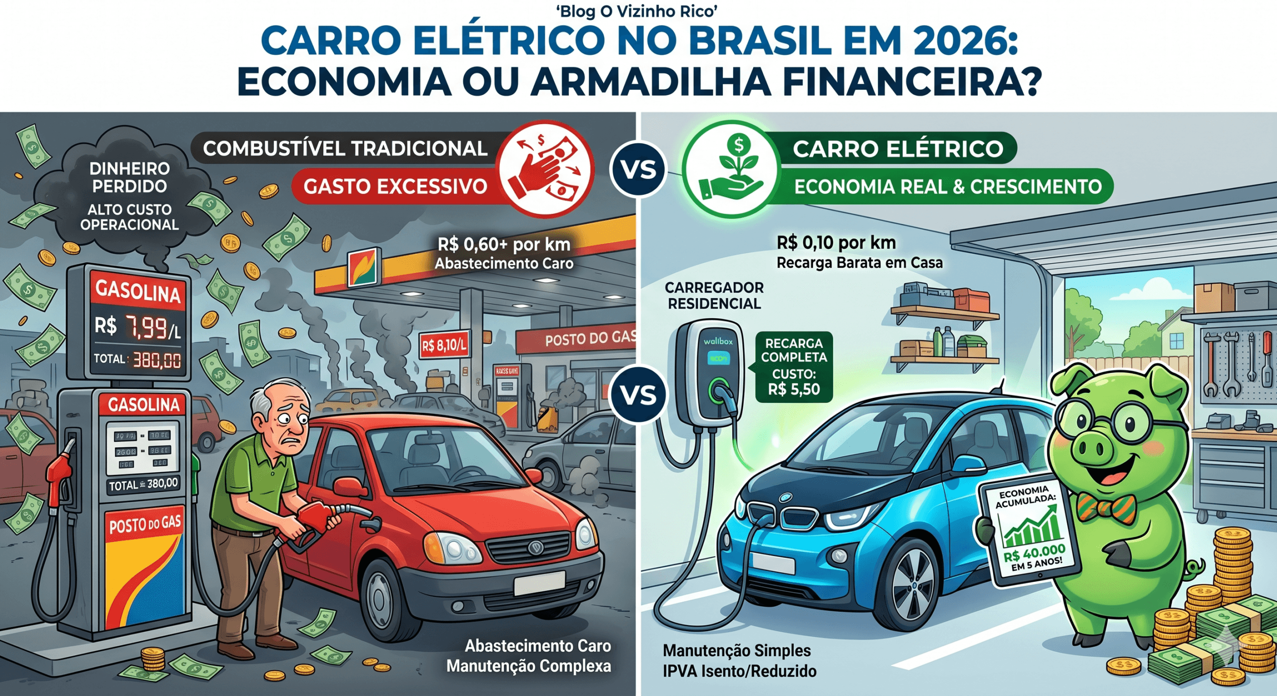 Ilustração dividida comparando o alto gasto de um carro a gasolina em um posto com a economia de um carro elétrico carregando em casa com um porquinho-cofre financeiro.