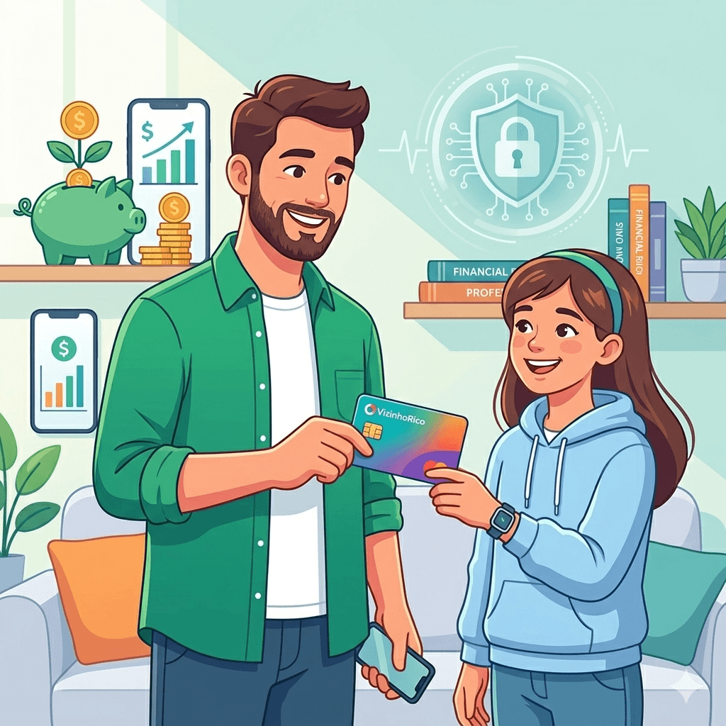 Pai sorridente entregando um cartão de crédito colorido para a filha adolescente, com um porquinho de moedas verde e ícones de segurança digital ao fundo. Representa a solicitação de cartão de crédito para menor de 18 anos. (O Alt Text é lido por leitores de tela para deficientes visuais e é o principal fator que o Google usa para entender do que se trata a imagem. A palavra-chave está inserida de forma natural).