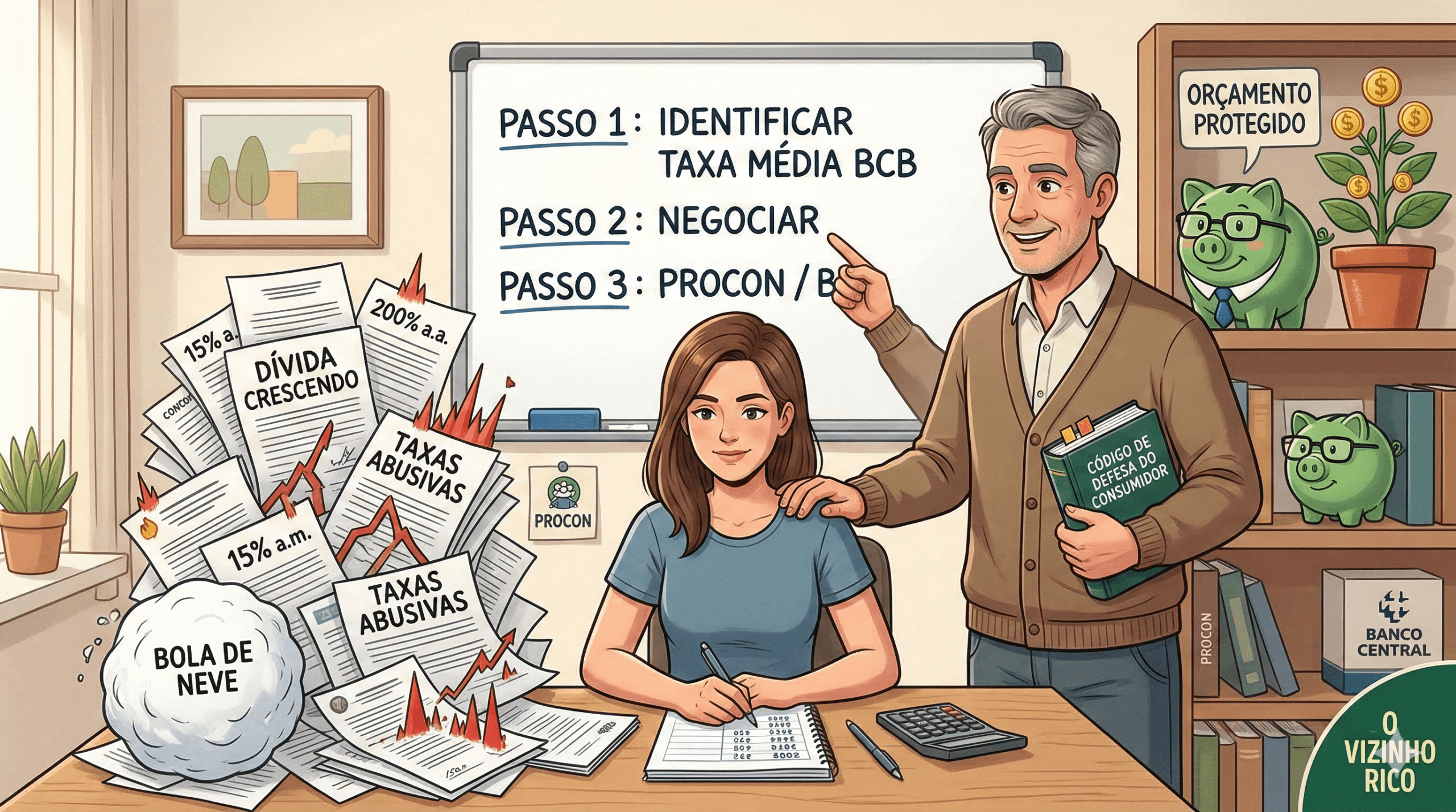Ilustração didática de um mentor financeiro ajudando uma mulher a organizar dívidas. À esquerda, uma pilha de papéis simboliza a 'bola de neve' de juros abusivos; ao centro, um quadro branco com os passos: identificar taxa média BCB, negociar e recorrer ao PROCON; à direita, prateleiras com o Código de Defesa do Consumidor e um vaso de moedas crescendo.