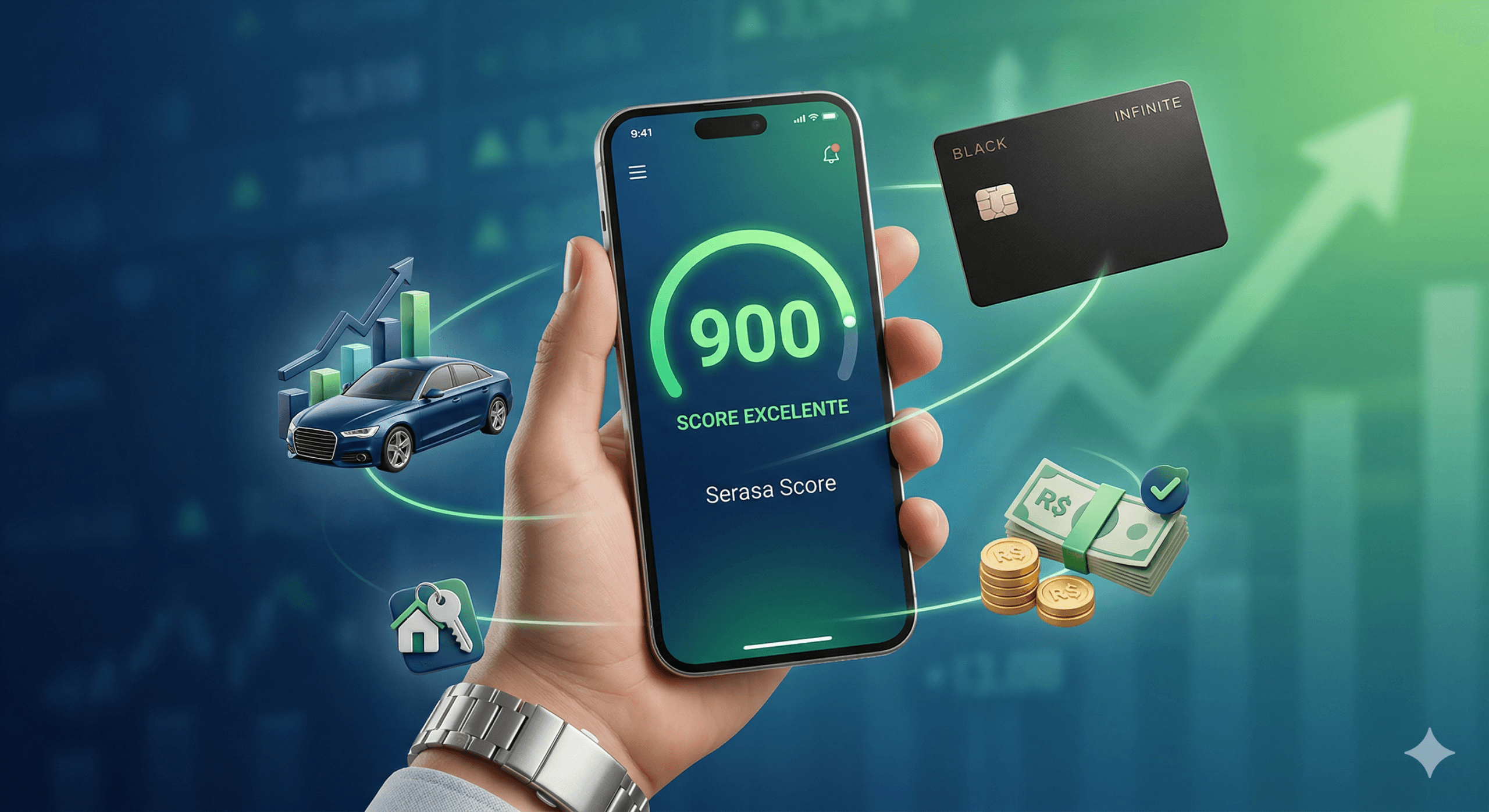 Mão segurando um smartphone com o aplicativo mostrando o Serasa Score 900 no nível excelente. Ao redor do celular, flutuam ícones em 3D de um cartão de crédito Black Infinite, um carro, uma casa e notas de dinheiro, representando os benefícios de ter um bom histórico financeiro.