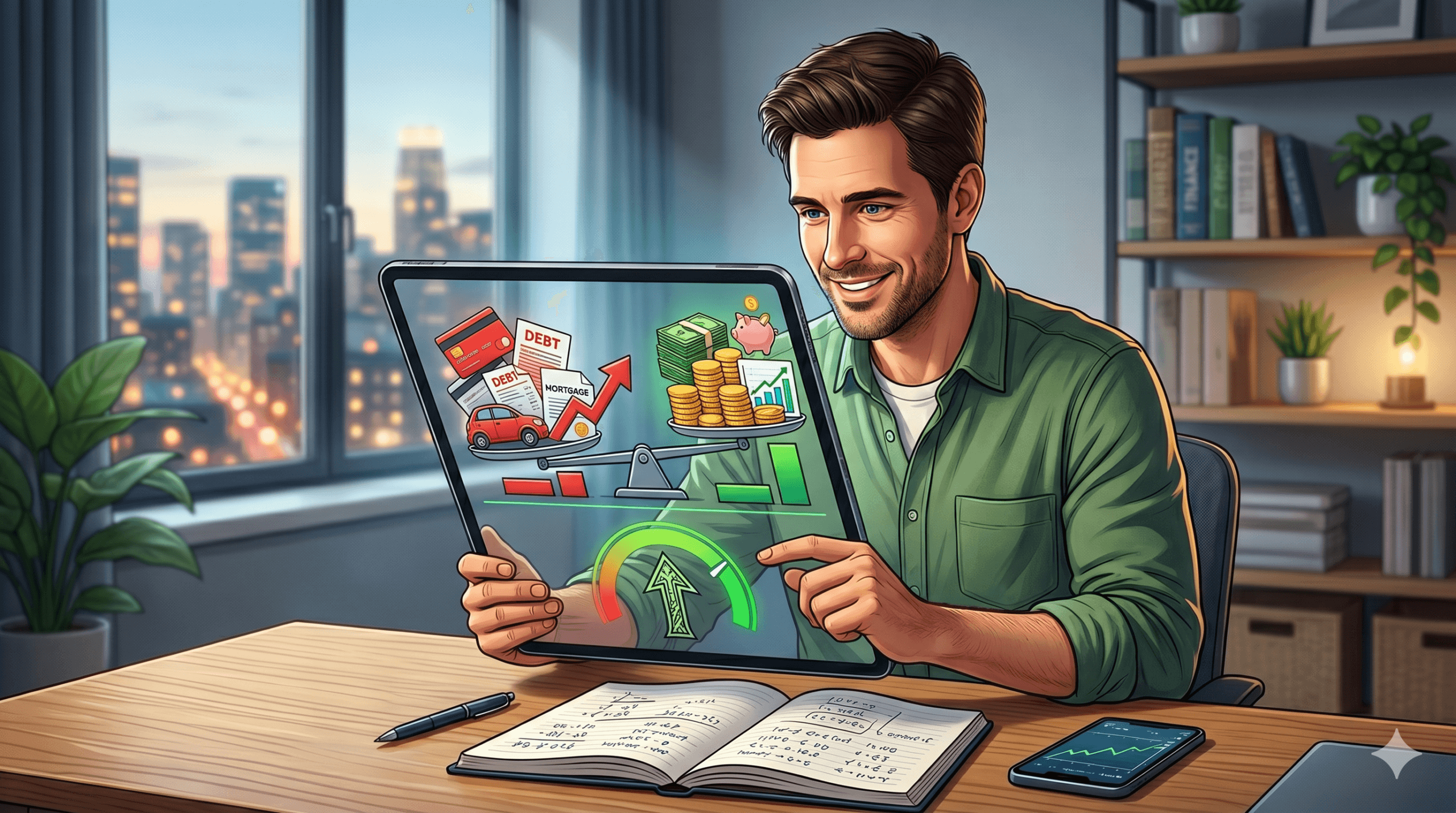 Ilustração de um homem sorridente em um home office segurando um tablet transparente. Na tela do tablet, há uma balança pesando dívidas de um lado e dinheiro poupado do outro, representando o cálculo da dívida líquida e o equilíbrio da saúde financeira.