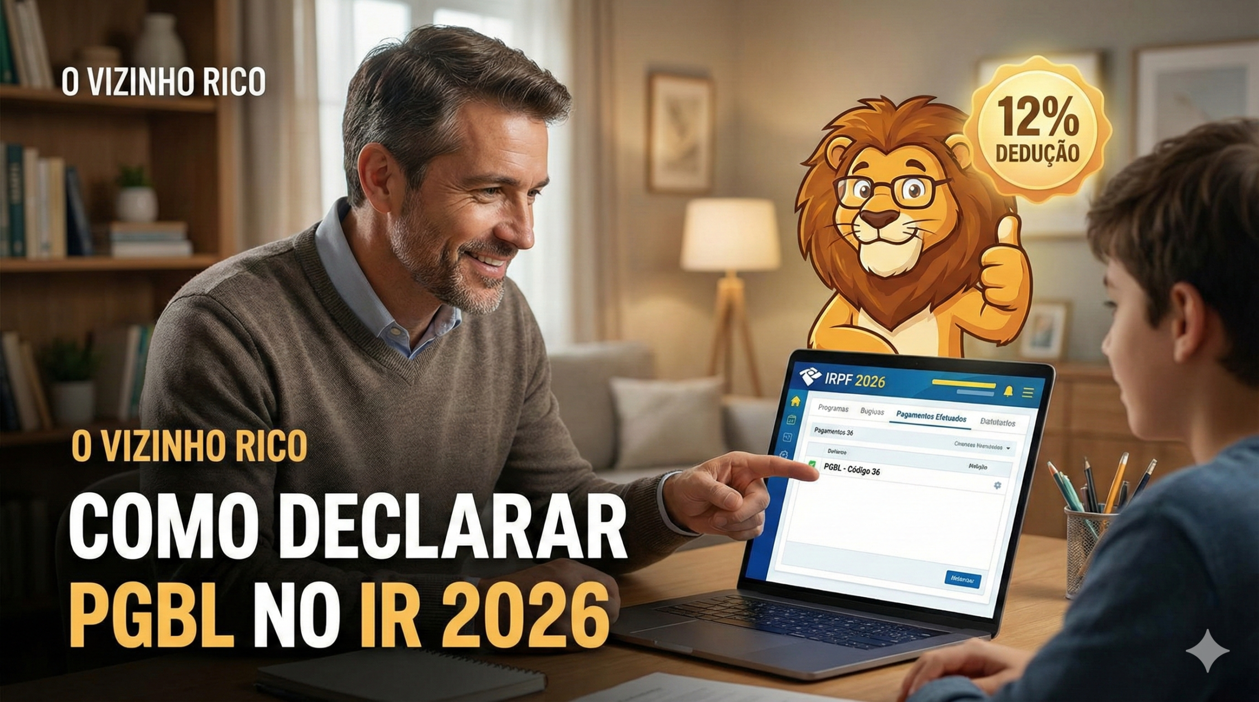 O Vizinho Rico mostrando na tela do computador o passo a passo de como declarar PGBL no Imposto de Renda 2026, destacando a dedução de 12% e o mascote leão da Receita.