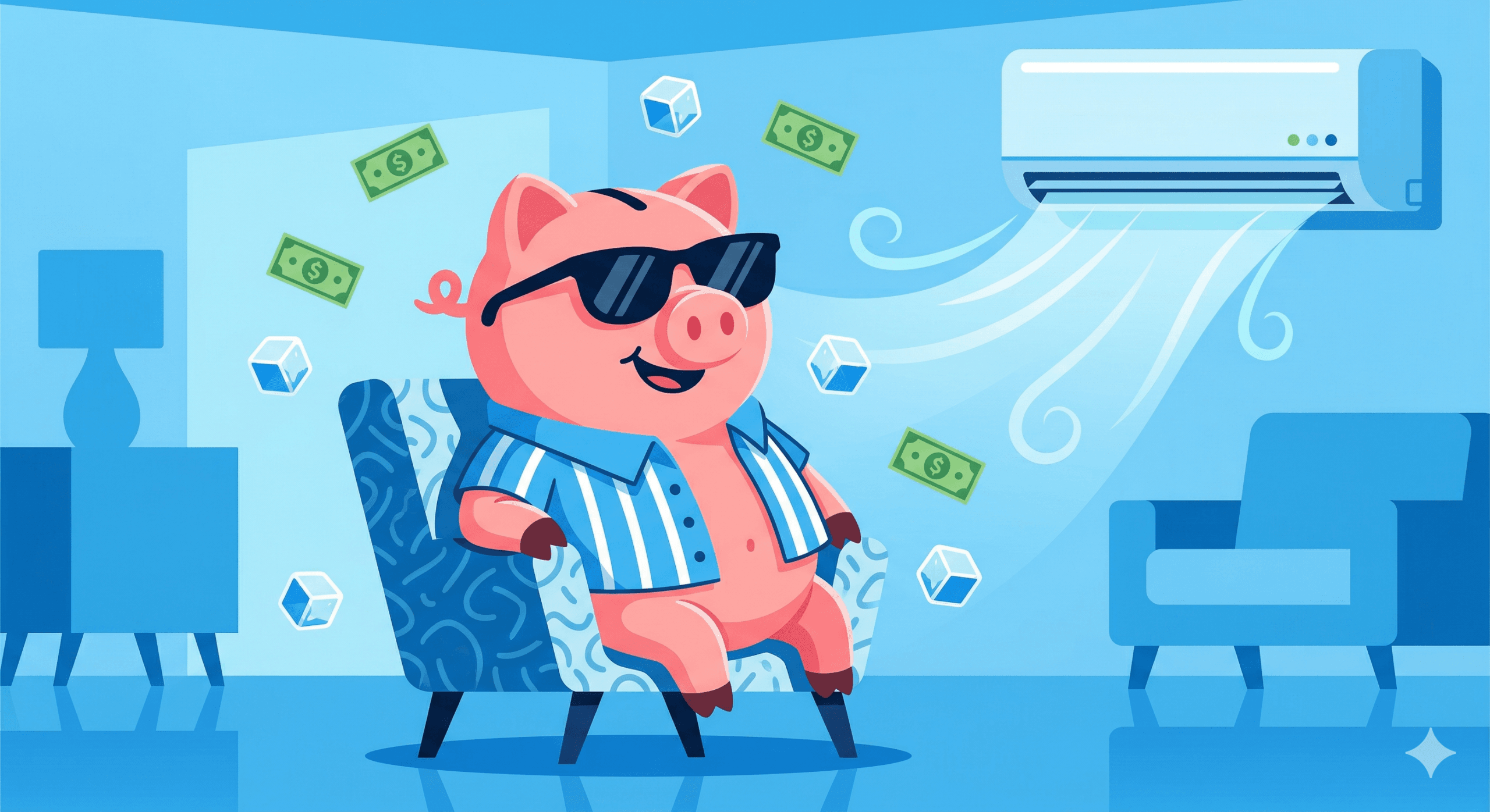Ilustração de um porquinho cofrinho de óculos escuros relaxando em uma sala fresca, com notas de dinheiro e cubos de gelo flutuando, representando como economizar com ar-condicionado no verão.