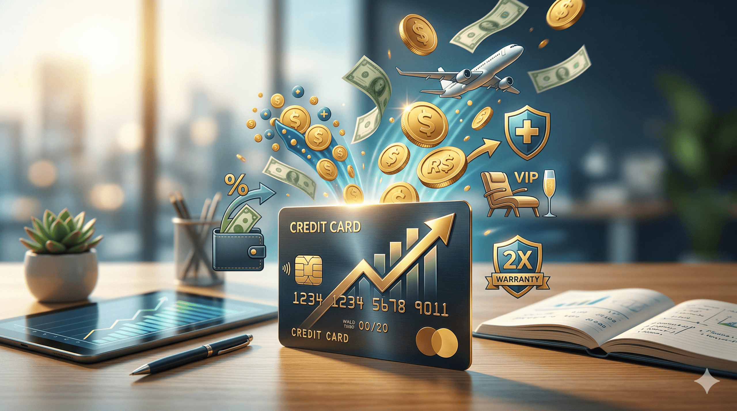Uma ilustração editorial de um cartão de crédito premium, com um gráfico de crescimento, gerando um fluxo de riqueza e múltiplos benefícios financeiros como moedas de ouro (R$ e $), dinheiro de papel, milhas (avião), salas VIP (cadeira com champanhe) e garantia estendida (escudo).