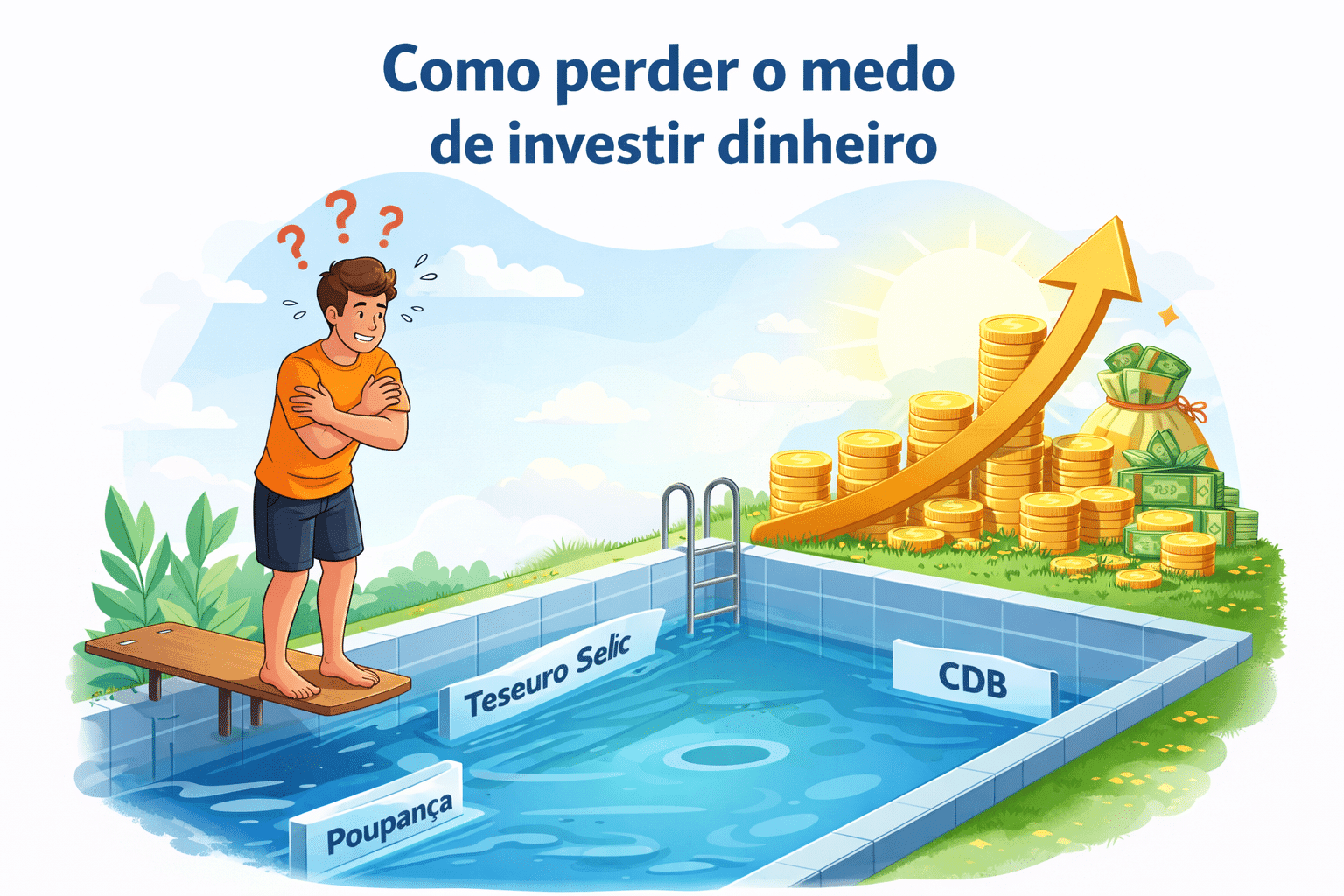 Ilustração mostrando iniciante com medo de investir dinheiro e opções seguras como Tesouro Selic, CDB e poupança com crescimento financeiro