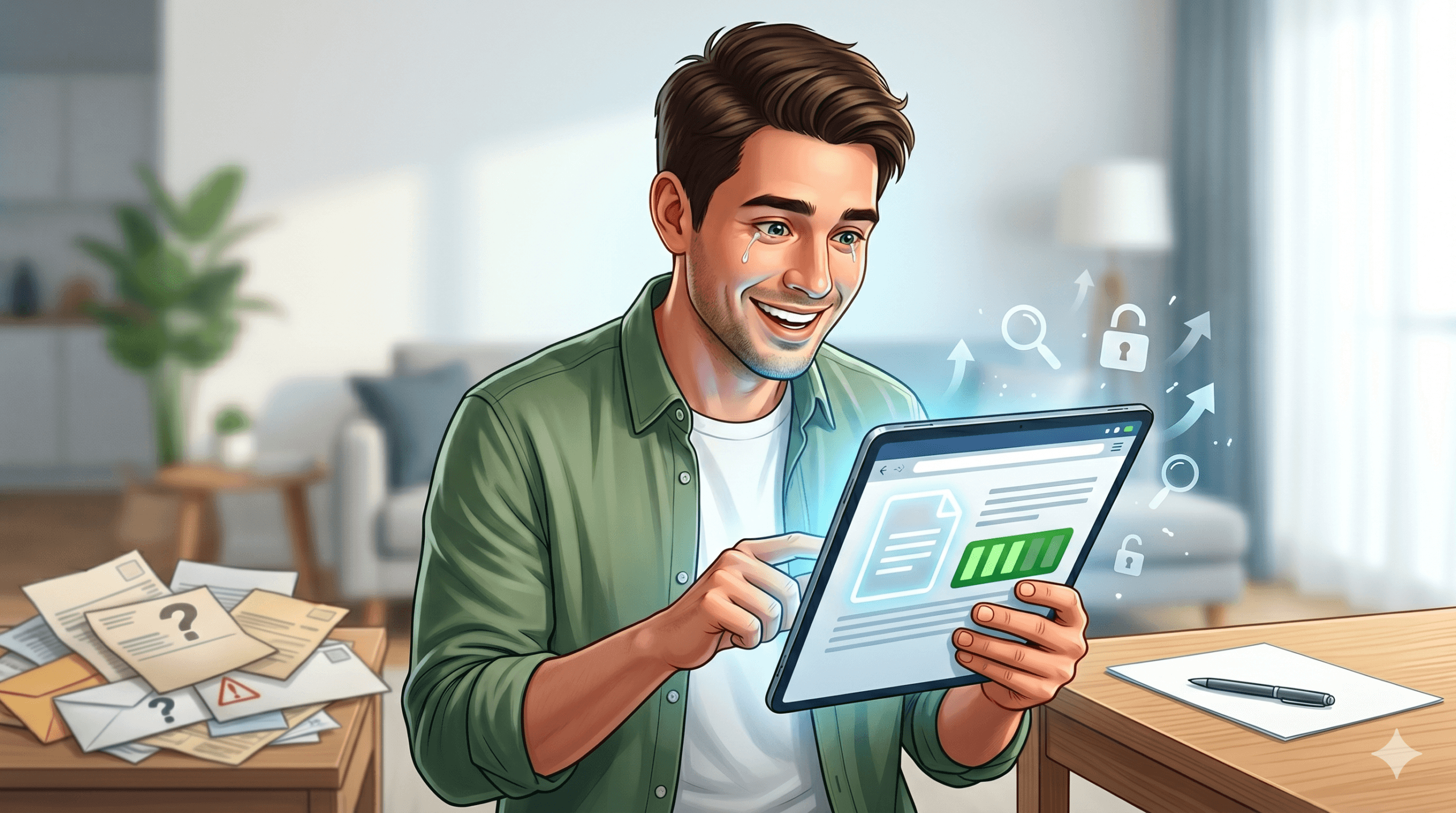 Homem sorrindo aliviado ao olhar um tablet brilhante para descobrir como saber se meu nome está limpo, com papéis de contas ao lado sobre a mesa.