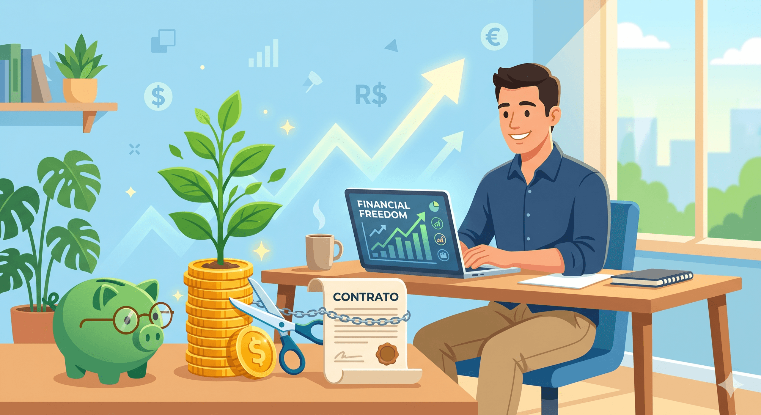 Ilustração de um jovem sorrindo em frente ao computador, cortando as correntes de um contrato com uma tesoura, representando a liberdade e como sair das dívidas do empréstimo consignado. Ao lado, um cofre de porquinho verde e moedas de ouro com uma planta crescendo, com gráficos financeiros subindo ao fundo.
