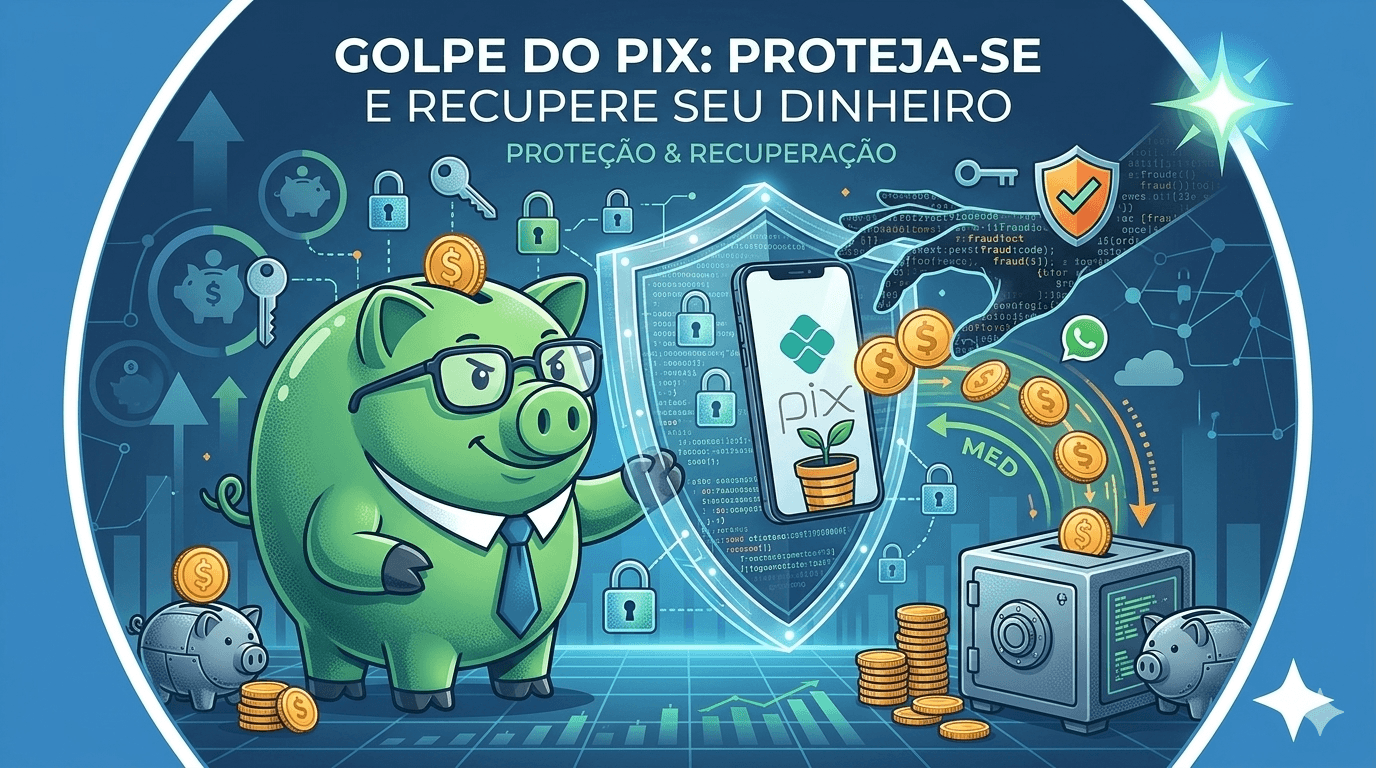 Ilustração de um cofrinho verde de óculos e gravata segurando um escudo luminoso para proteger um celular com o logotipo do Pix da mão de um hacker. O escudo direciona moedas de ouro em segurança para um cofre blindado com a sigla MED. Representação de como se proteger do golpe do Pix e recuperar dinheiro.