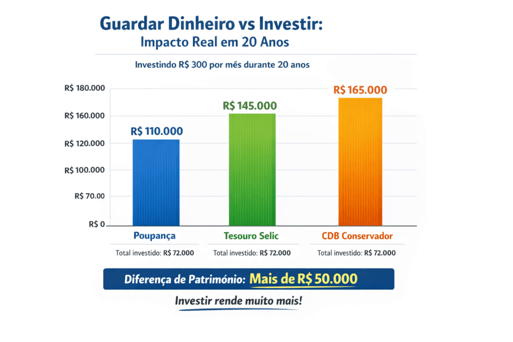 Comparação entre guardar dinheiro na poupança e investir R$ 300 por mês durante 20 anos mostrando rendimento do Tesouro Selic e CDB conservador
