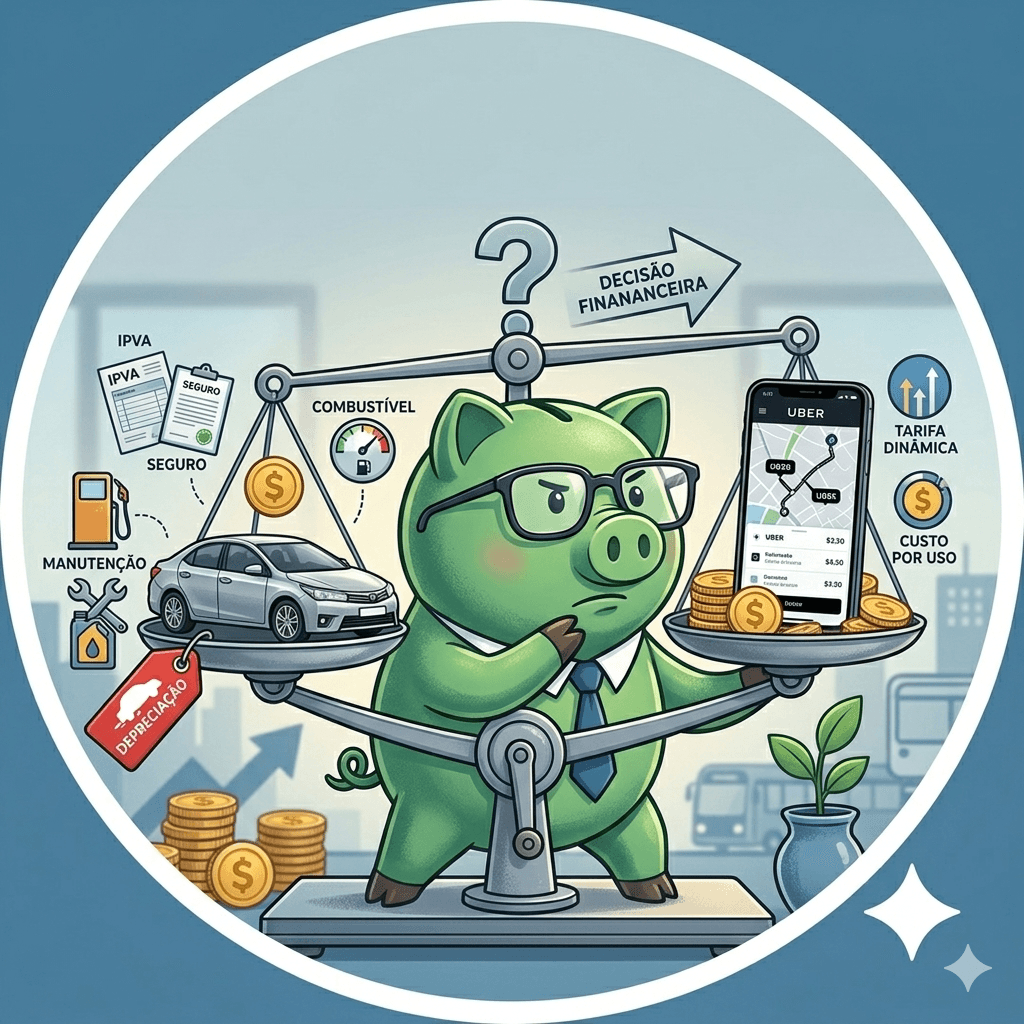 Ilustração de um porquinho cofre verde de óculos e gravata equilibrando uma balança. De um lado, um carro com ícones de gastos como IPVA, seguro e manutenção; do outro, um celular com aplicativo de transporte e ícones de tarifa, representando a decisão financeira entre carro ou Uber.