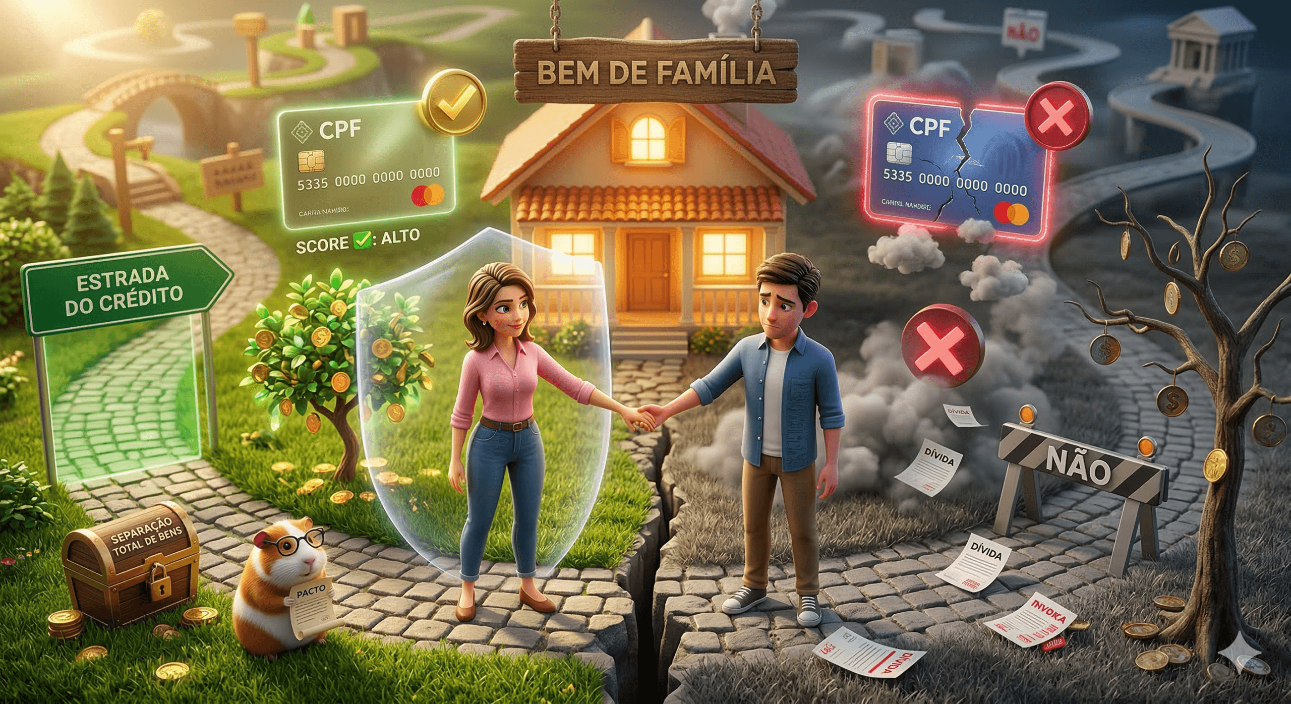 Ilustração 3D conceitual dividida ao meio. À esquerda, um cônjuge com nome negativado (CPF rachado e dívidas) em uma área sombria. À direita, o outro cônjuge com nome limpo (escudo de proteção, score alto e pacto de bens) em uma área iluminada. Ao fundo, uma casa protegida labeled 'BEM DE FAMÍLIA'. Eles dão as mãos sobre uma rachadura financeira.