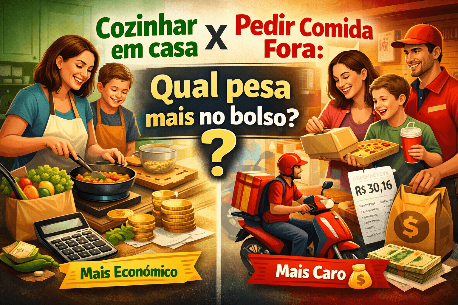 Família comparando cozinhar em casa e pedir comida delivery mostrando diferença de custos e economia no orçamento