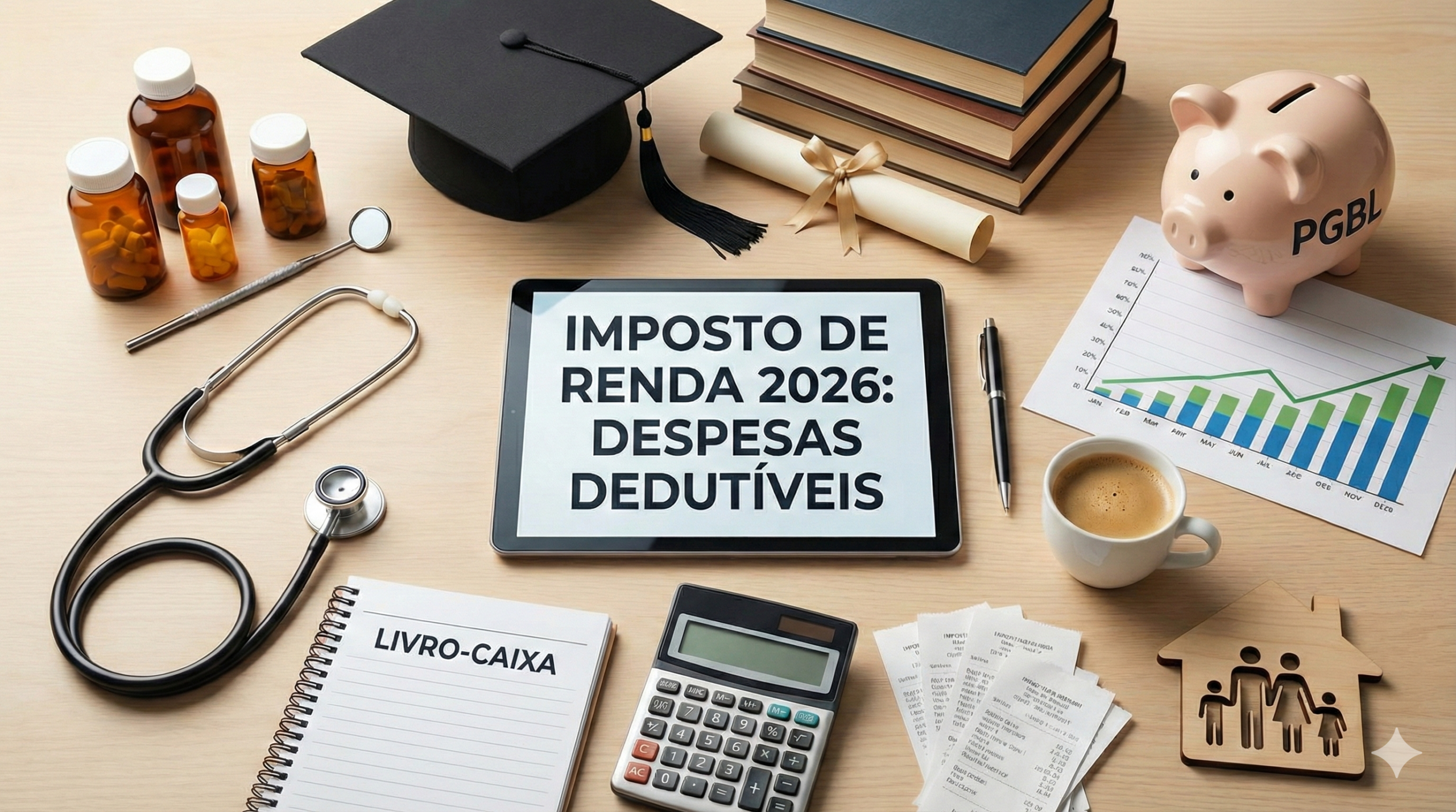 Mesa de escritório com objetos representando as despesas dedutíveis do imposto de renda 2026, incluindo estetoscópio, capelo de formatura, cofrinho PGBL, livro-caixa, calculadora e um tablet com o título do guia.