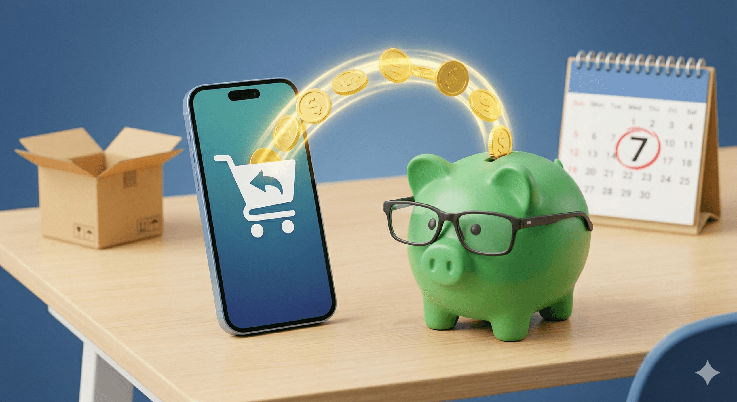 Ilustração 3D de um porquinho de cerâmica verde usando óculos que recebe moedas de ouro que saem de um celular, representando o estorno e o sucesso ao exercer o direito de arrependimento em compra online.