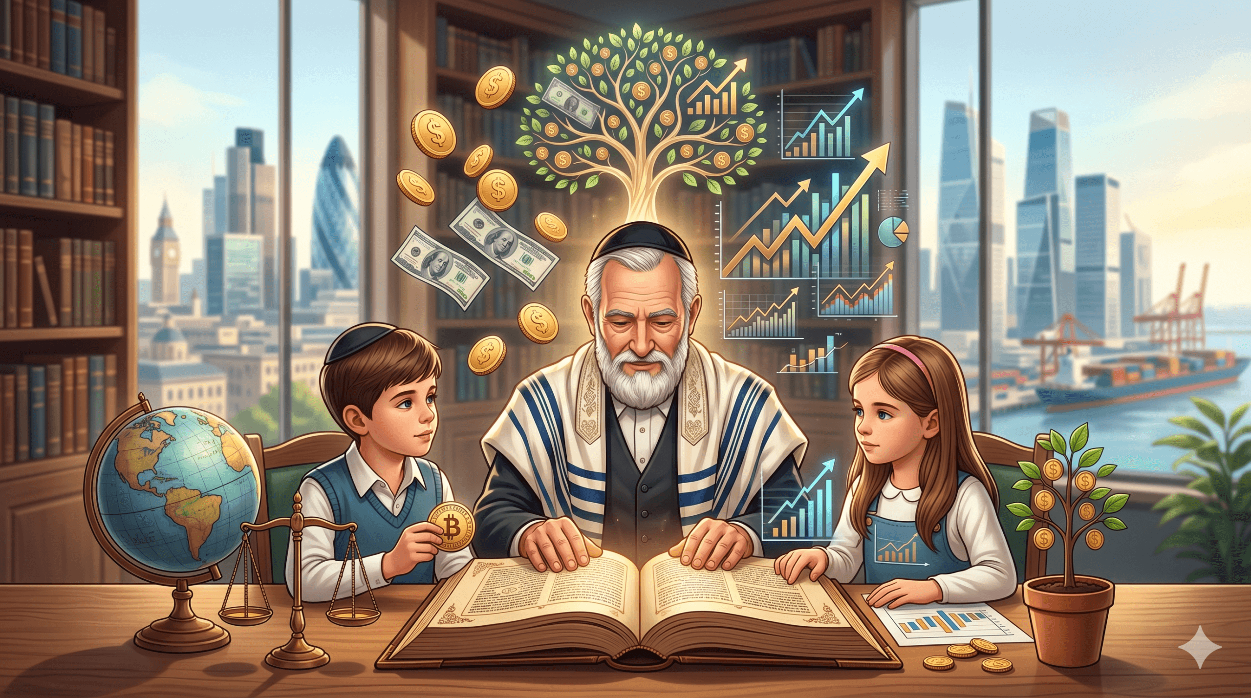 Ilustração de um homem mais velho ensinando duas crianças sobre finanças e investimentos, representando os ensinamentos judaicos sobre dinheiro, com uma árvore de moedas e gráficos de crescimento ao fundo.