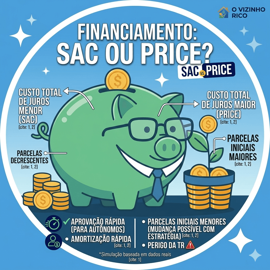 Infográfico comparativo entre financiamento imobiliário tabela SAC ou PRICE mostrando custos de juros, amortização e parcelas - Blog O Vizinho Rico.
