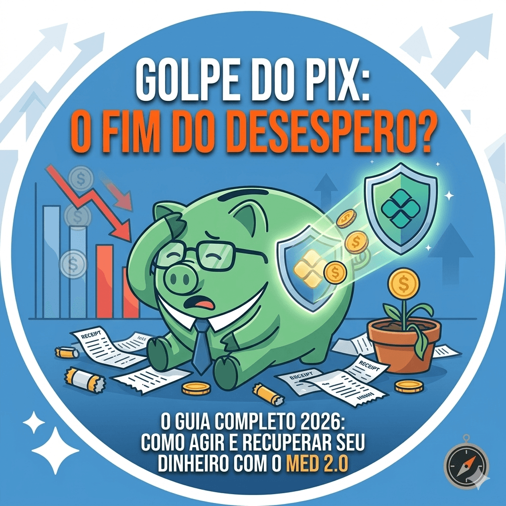Infográfico editorial de SEO sobre como recuperar dinheiro após Golpe do Pix. Mostra um porquinho de negócios estressado (da marca O Vizinho Rico) recuperando moedas com um escudo do Pix (MED 2.0) após perder dinheiro em recibos e faturas. Texto: 'Golpe do Pix: O Fim do Desespero? O Guia Completo 2026: Como agir e recuperar seu dinheiro com o MED 2.0'.