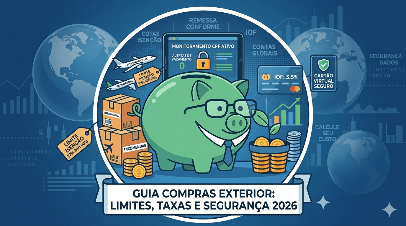 Ilustração do mascote do Blog O Vizinho Rico explicando sobre compras no exterior, com caixas de encomendas internacionais, cartões globais, limites de isenção e ícones de segurança digital.