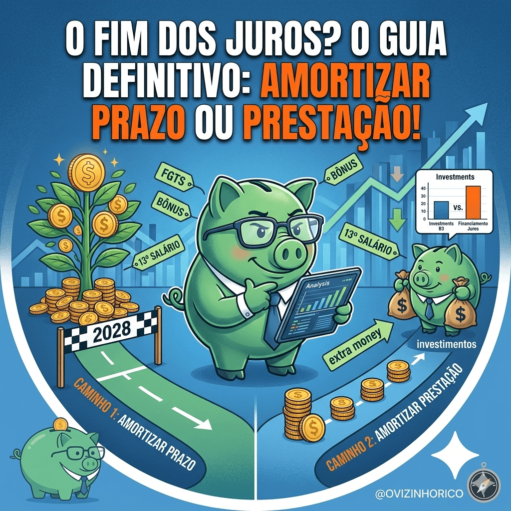 Ilustração de um porquinho-cofre verde analisando dados em um tablet, dividindo dois caminhos financeiros: um com linha de chegada rápida para amortizar prazo, e outro com moedas menores para amortizar prestação. O texto principal diz: O fim dos juros? O guia definitivo: amortizar prazo ou prestação!