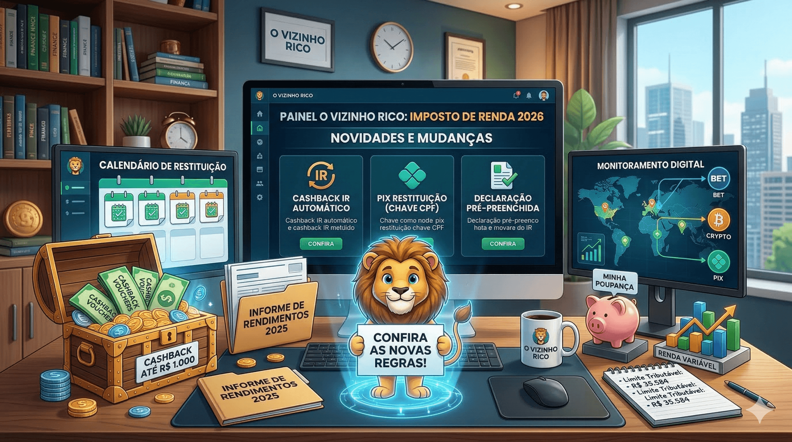 Infográfico em estilo ilustração 3D mostrando o painel de controle do 'Vizinho Rico' sobre as regras do Imposto de Renda 2026. Centralizado, um leão segurando o aviso 'CONFIRA AS NOVAS REGRAS!'. Ao redor, telas com o calendário de restituição e monitoramento digital, uma arca com cashbacks e documentos de informes de rendimentos.