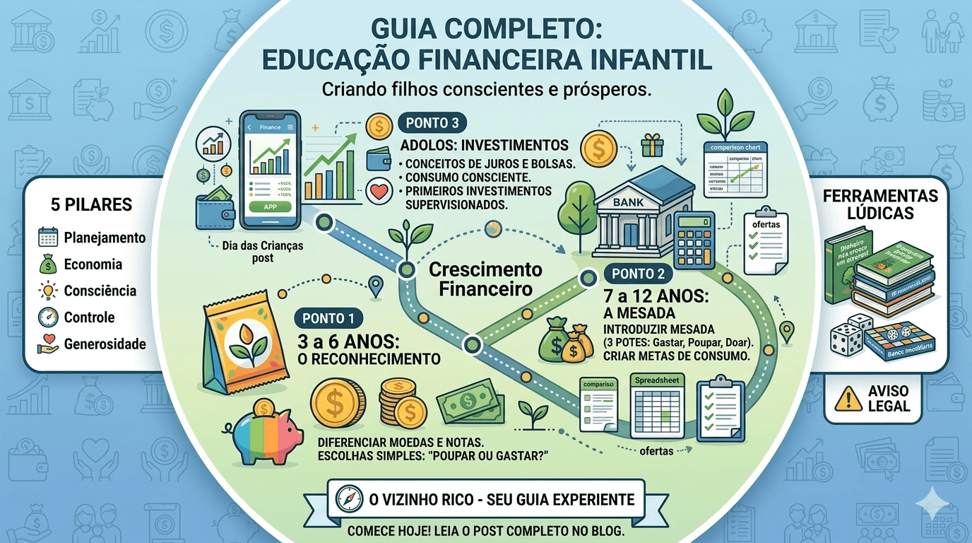 Infográfico detalhado sobre educação financeira infantil, mostrando a jornada de aprendizado financeiro dividida por idades: 3 a 6 anos (cofrinho e moedas), 7 a 12 anos (mesada e os 3 potes) e adolescentes (primeiros investimentos). Inclui os 5 pilares da educação financeira e dicas lúdicas para pais.