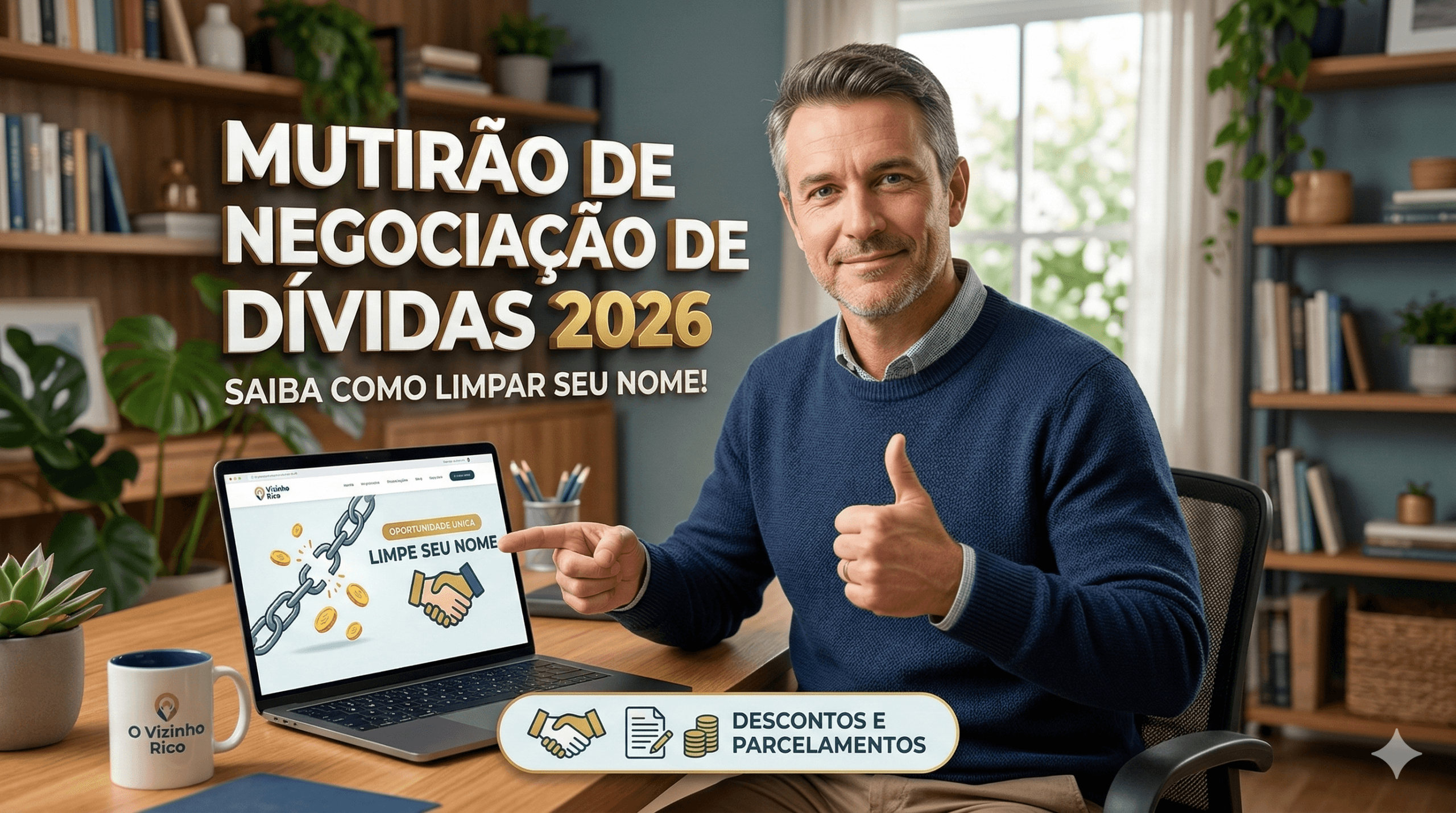 Homem sorrindo em um home office, apontando para a tela do notebook com dicas sobre o Mutirão de negociação de dívidas 2026 e como limpar o nome com descontos.