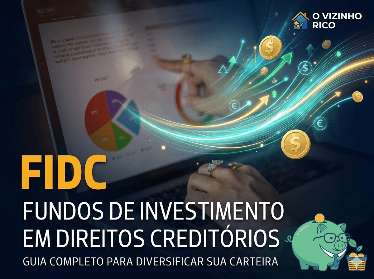 Infográfico sobre o que é FIDC mostrando uma pessoa analisando gráficos financeiros e o logotipo do blog O Vizinho Rico.