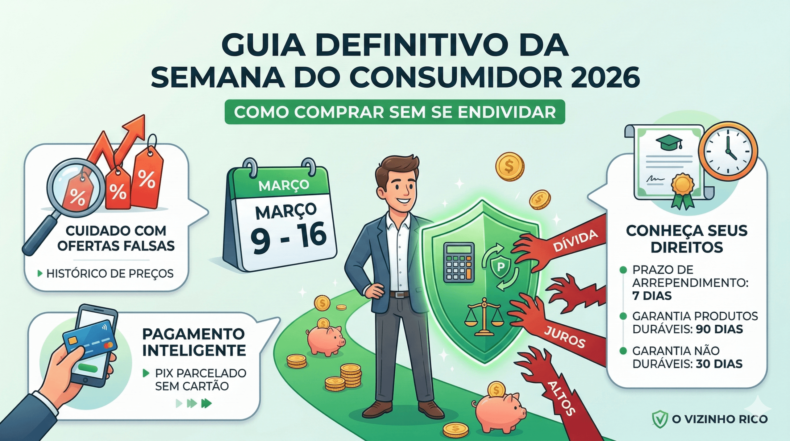 Infográfico do Guia Definitivo da Semana do Consumidor 2026 mostrando um homem protegendo seu dinheiro com um escudo contra dívidas. Traz dicas sobre histórico de preços, pagamento inteligente com Pix Parcelado e prazos de garantia dos direitos do consumidor.