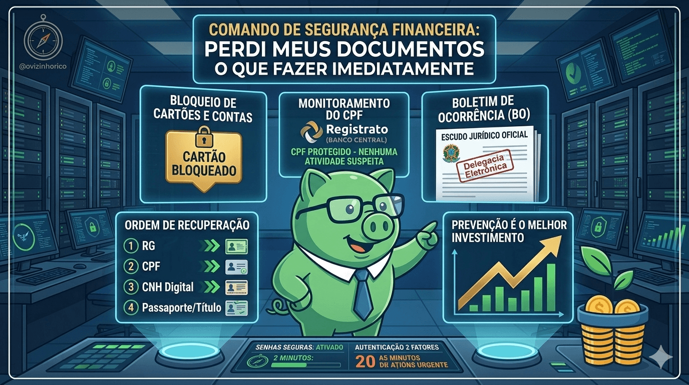 Ilustração de um porquinho verde de óculos e gravata em um centro de comando digital, apontando para painéis holográficos com as etapas de segurança: bloqueio de cartões, monitoramento de CPF no Registrato, Boletim de Ocorrência e ordem de recuperação de documentos. Imagem que ilustra o que fazer ao perder documentos pessoais.