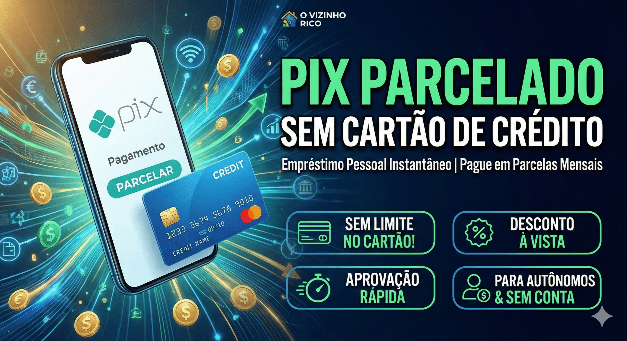 Celular exibindo aplicativo de pagamento com botão de parcelar e um cartão de crédito flutuando, ilustrando como fazer Pix parcelado sem cartão de crédito de forma rápida.