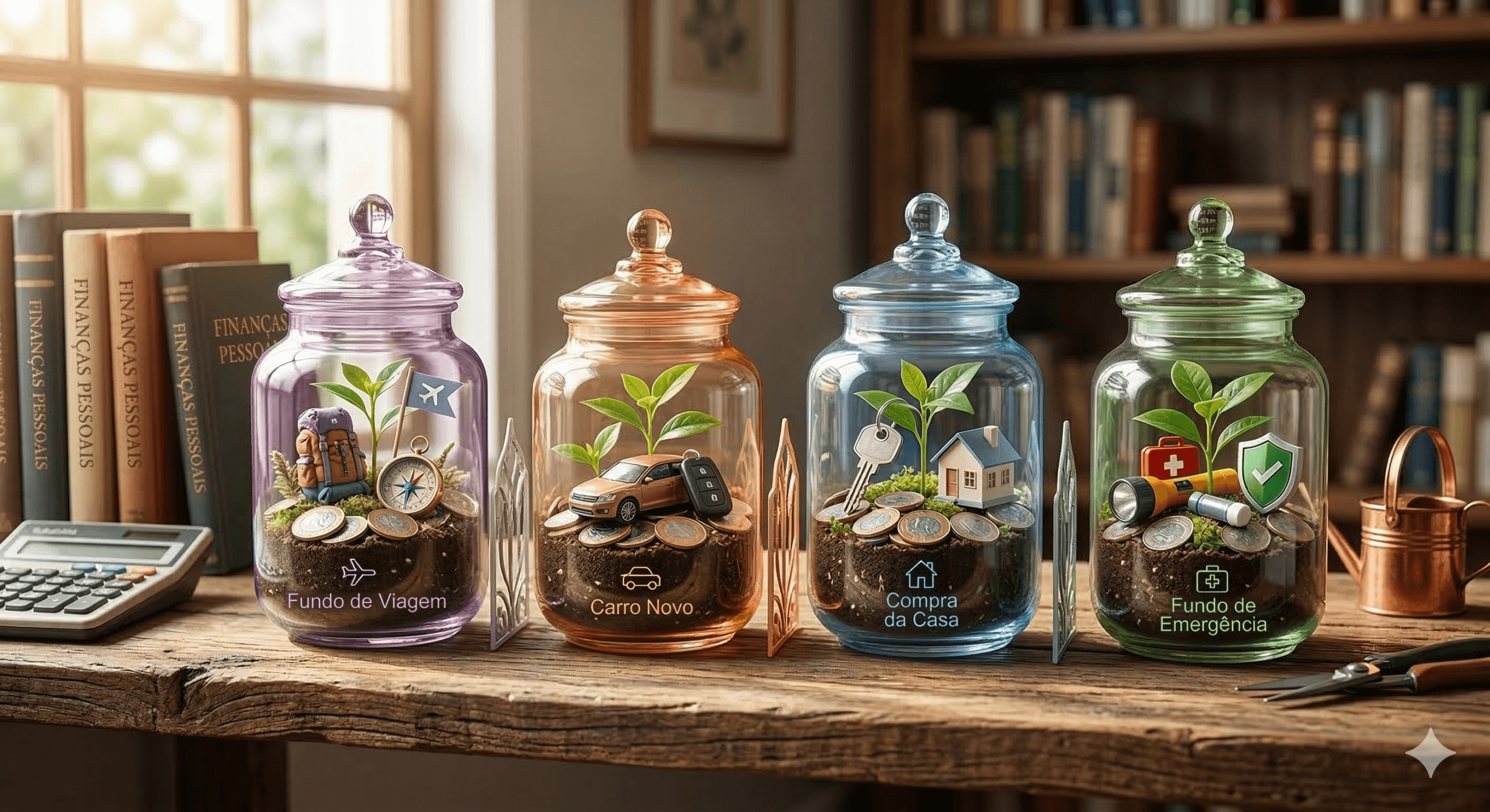 Quatro potes de vidro sobre mesa de madeira, representando caixinhas de bancos. Da esquerda para a direita, com ícones e textos em português: 'Fundo de Viagem' (roxo, com mochila), 'Carro Novo' (laranja, com carro), 'Compra da Casa' (azul, com casa) e 'Fundo de Emergência' (verde, com kit médico e escudo). Moedas e plantas crescendo dentro. Fundo desfocado com livros e calculadora.